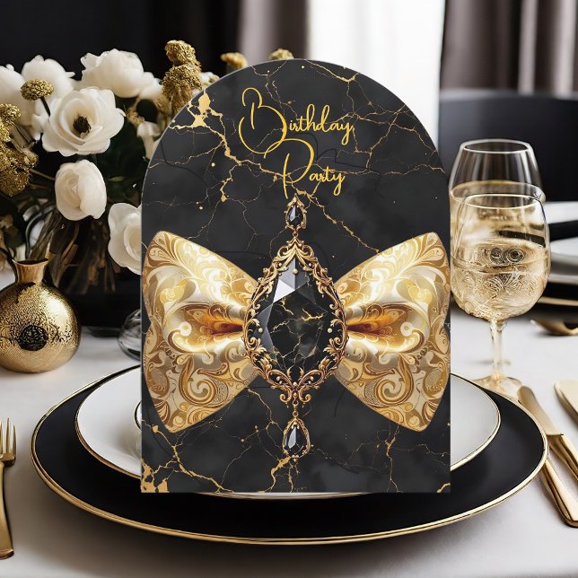 Invitación Cumpleaños Black Gold Marble Jewel Paisley Bow (Subido por el creador)