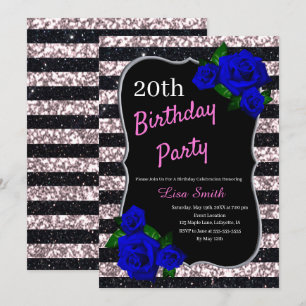 Invitación Cumpleaños Black Pink Stripes Purpurina Deep Blue 