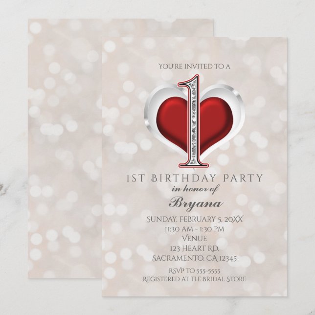 Invitación Cumpleaños Blanco Bokeh y Rojo Glam de San Valentí (Anverso / Reverso)