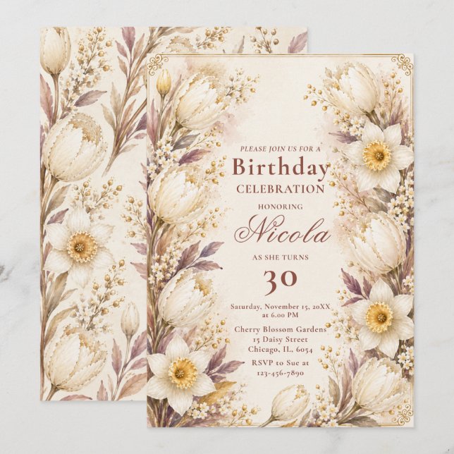 Invitación Cumpleaños Blanco y Champán (Anverso / Reverso)