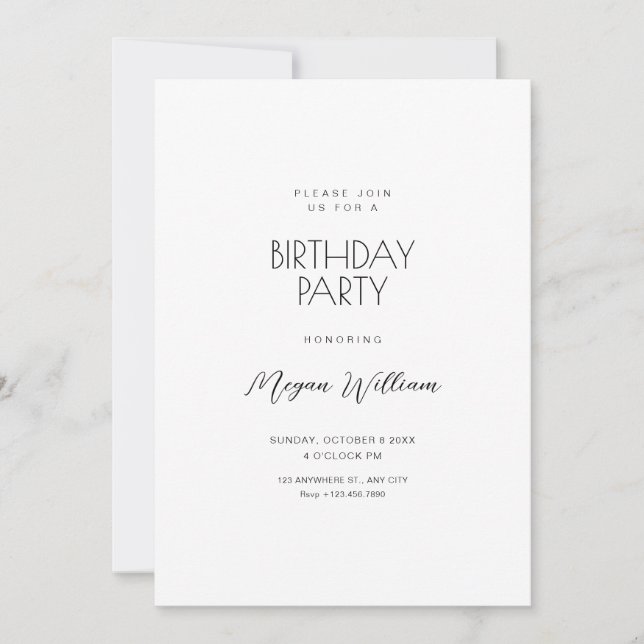 Invitación Cumpleaños blanco y minimalista (Anverso)