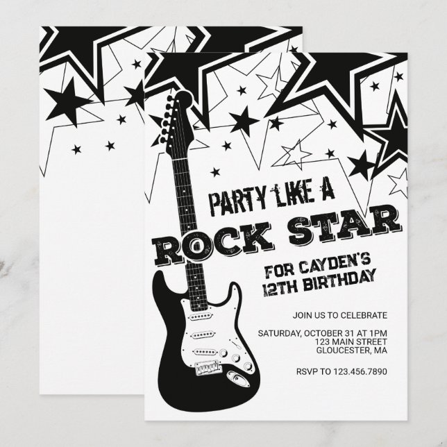 Invitación Cumpleaños blanco y negro de la guitarra Rockstar (Anverso / Reverso)