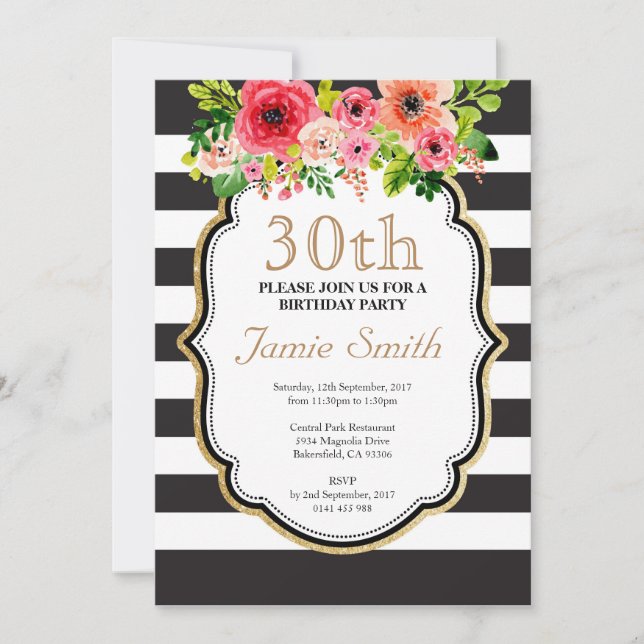 Invitación Cumpleaños blanco y negro de la raya de la flor de (Anverso)