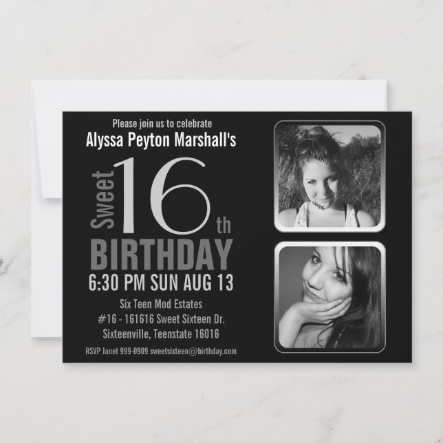 Invitación Cumpleaños blanco y negro del dulce 16 de las (Anverso)