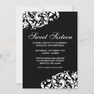 Invitación Cumpleaños blanco y negro del dulce 16 del