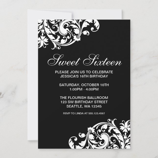 Invitación Cumpleaños blanco y negro del dulce 16 del (Anverso)