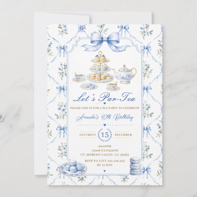 Invitación Cumpleaños Blue Let's Par-tea Fiesta Chinoiserie (Anverso)