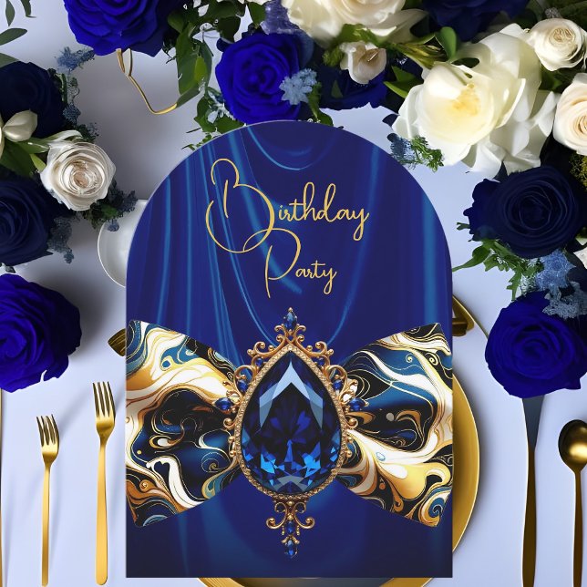 Invitación Cumpleaños Blue Silk Faux Gold Jewel Paisley (Subido por el creador)
