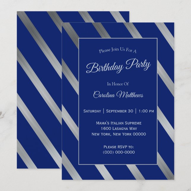 Invitación Cumpleaños Blue Silver (Anverso / Reverso)