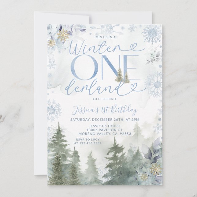 Invitación Cumpleaños Blue Winter Onederland Forest Snowfall (Anverso)