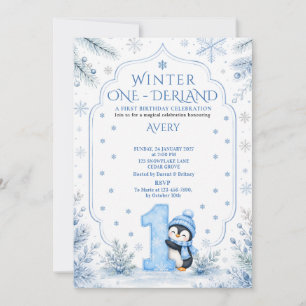 Invitación Cumpleaños Blue Winter ONEderland Pingüino Copo de