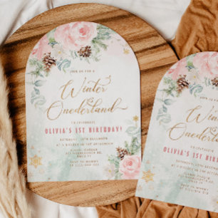 Invitación Cumpleaños Blush Winter Onederland 1er