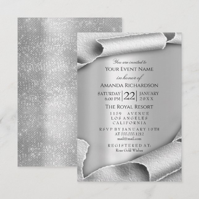 Invitación Cumpleaños Boda Aniversario 3D Gris Plata (Anverso / Reverso)