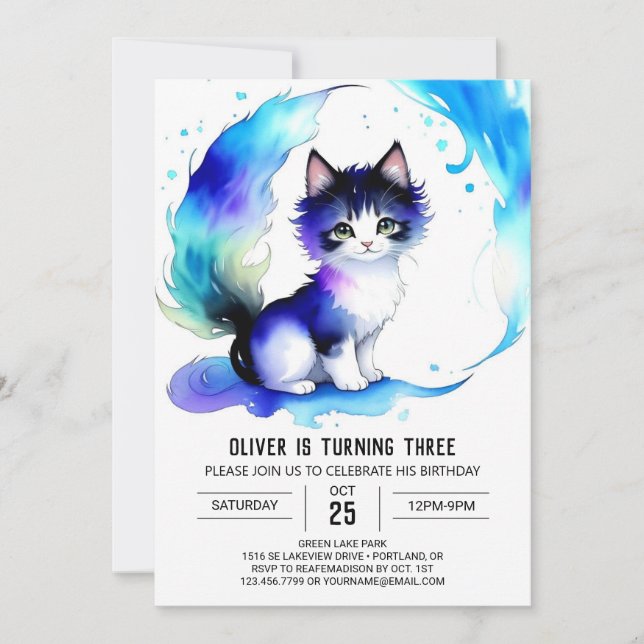 Invitación Cumpleaños bohemiana de gato acuarela (Anverso)