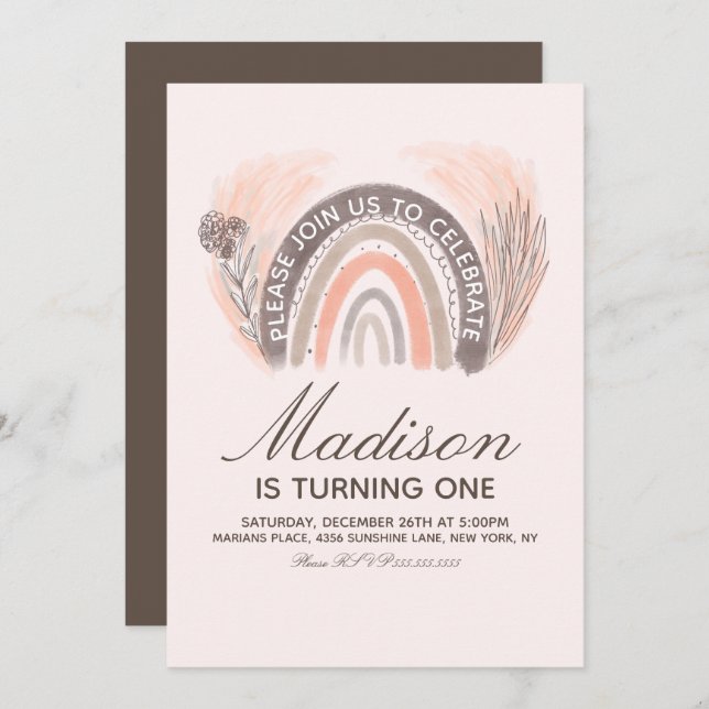 Invitación Cumpleaños bohemiana dibujada a mano en arcoiris p (Anverso / Reverso)
