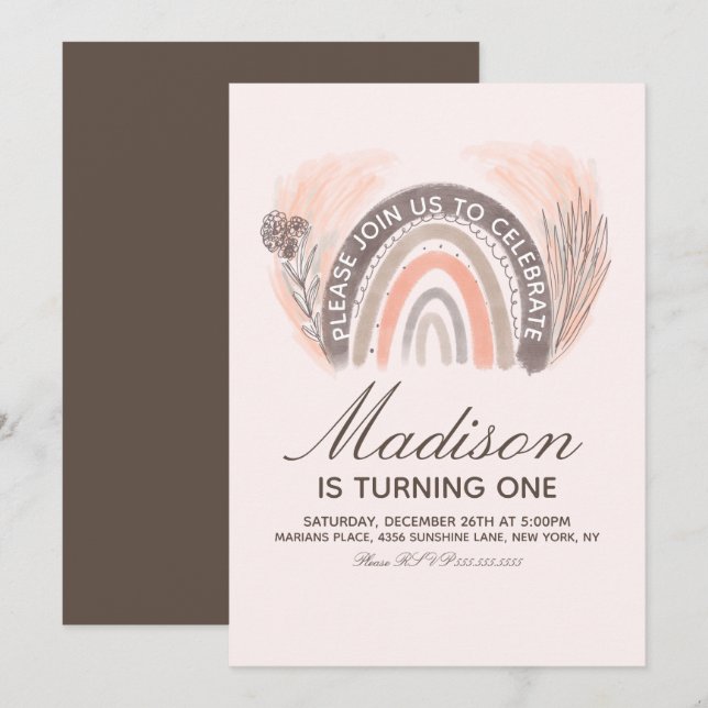Invitación Cumpleaños Bohemio Dibujado a Mano Arcoíris Pampas (Anverso / Reverso)