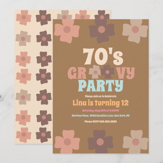 Invitación Cumpleaños Bohemio Retro Floral Groovy (Anverso / Reverso)