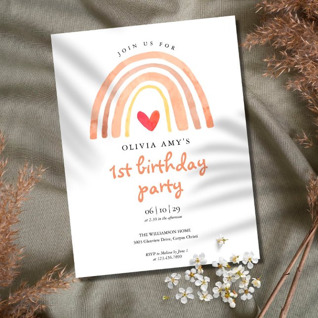 Invitación Cumpleaños Boho Acuarela Arcoíris y Corazón (Subido por el creador)