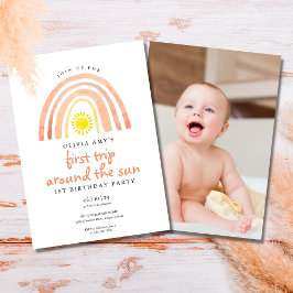 Invitación Cumpleaños Boho Arcoíris Sol Primera Vez Foto Prim
