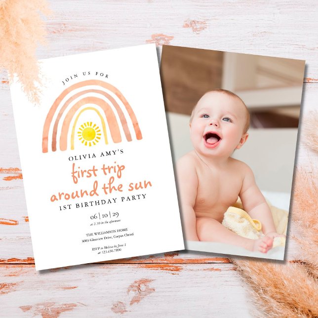 Invitación Cumpleaños Boho Arcoíris Sol Primera Vez Foto Prim (Subido por el creador)
