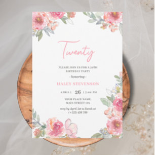 Invitación Cumpleaños Boho Chic Veinte Floral Rosa Acuarela
