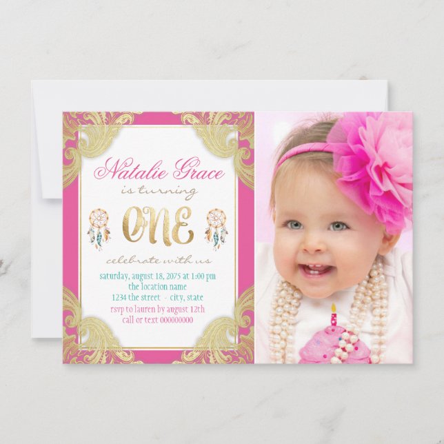 Invitación Cumpleaños boho de niñas por primera vez (Anverso)