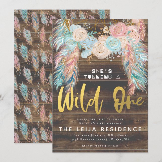 Invitación Cumpleaños Boho Dreamcatcher Wild One (Anverso / Reverso)