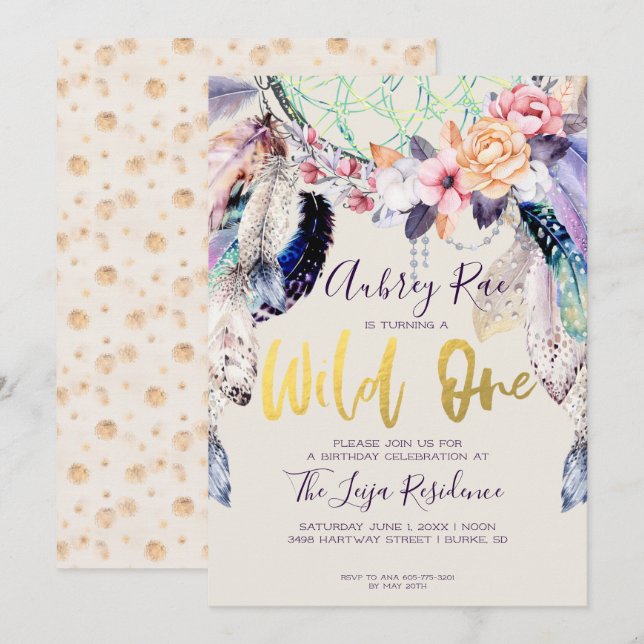 Invitación Cumpleaños Boho Dreamcatcher Wild One (Anverso / Reverso)