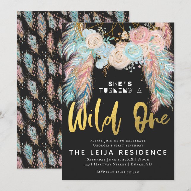 Invitación Cumpleaños Boho Dreamcatcher Wild One (Anverso / Reverso)