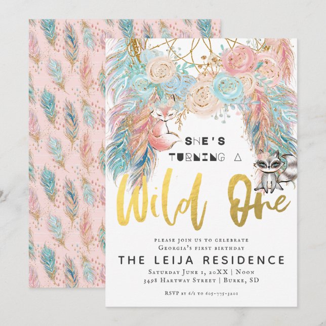 Invitación Cumpleaños Boho Dreamcatcher Wild One (Anverso / Reverso)