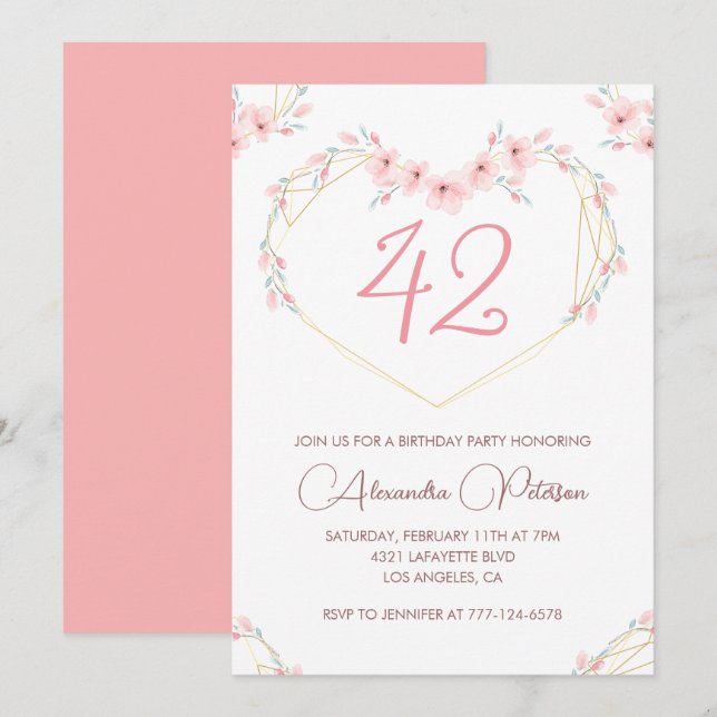 Invitación Cumpleaños Boho floral acuarela rosa 42  (Anverso / Reverso)