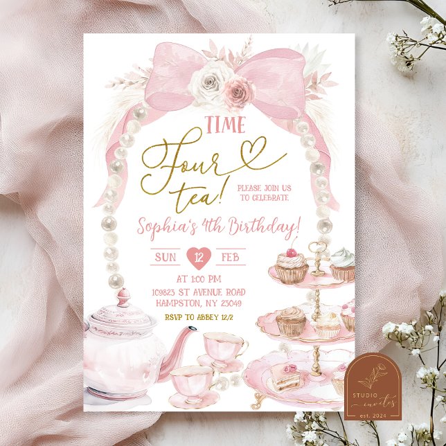 Invitación Cumpleaños Boho Pink Bow Time Four Tea (Subido por el creador)