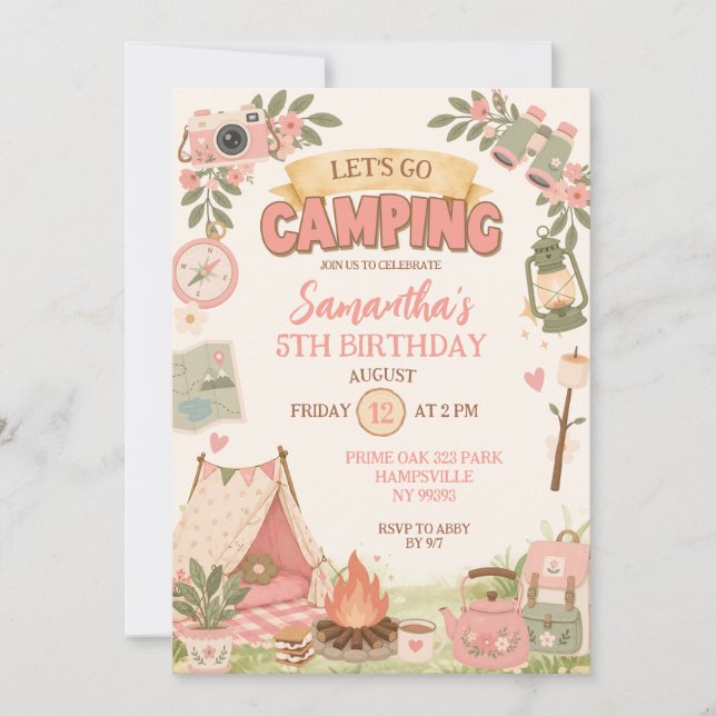 Invitación Cumpleaños Boho Pink Vamos a Acampar (Anverso)