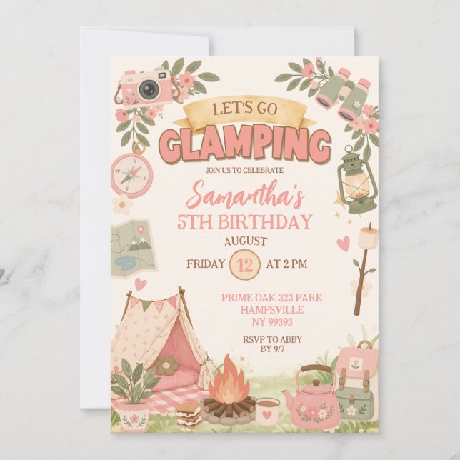 Invitación Cumpleaños Boho Pink Vamos a Glamping (Anverso)