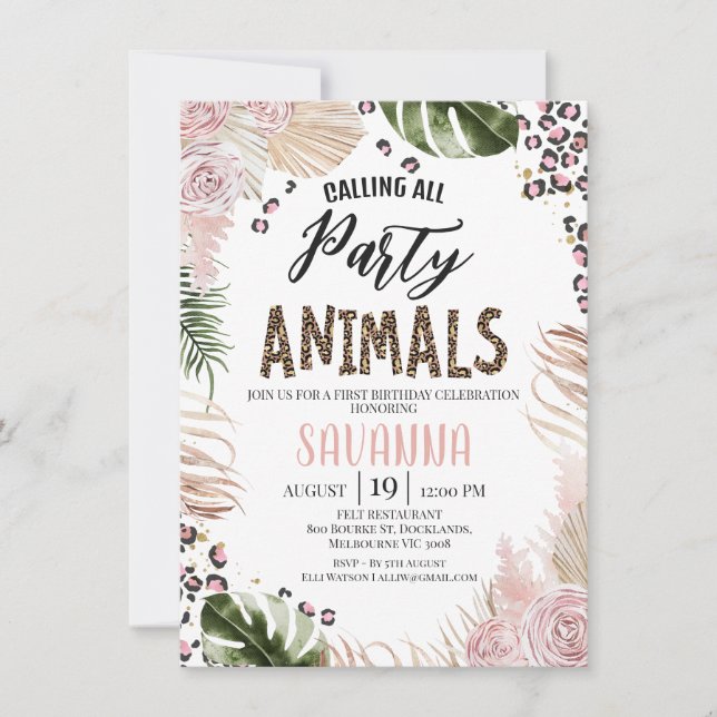Invitación Cumpleaños Boho Safari Estampado de Guepardo Flora (Anverso)