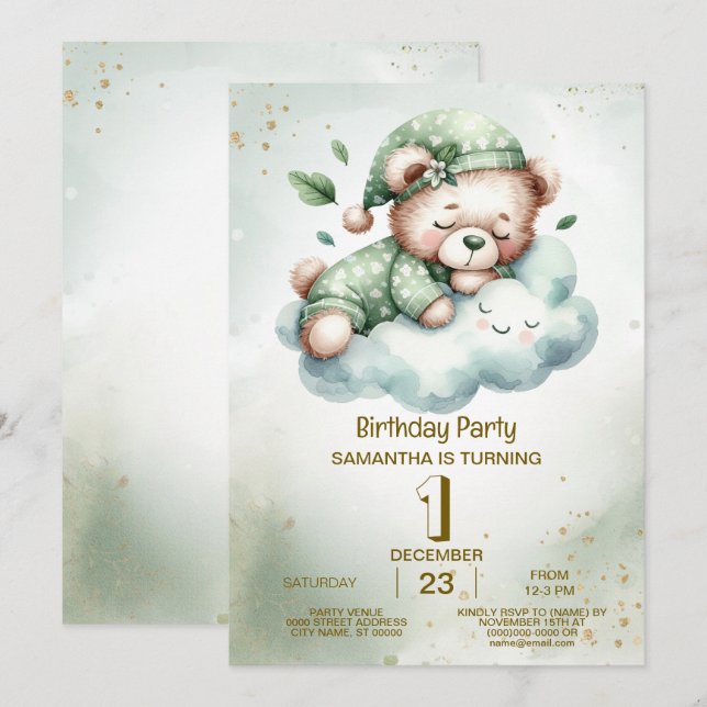 Invitación Cumpleaños Boho Verde Dormido Teddy Bear Cute Fies (Anverso / Reverso)