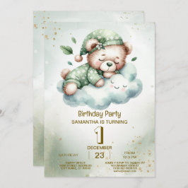 Invitación Cumpleaños Boho Verde Dormido Teddy Bear Cute Fies