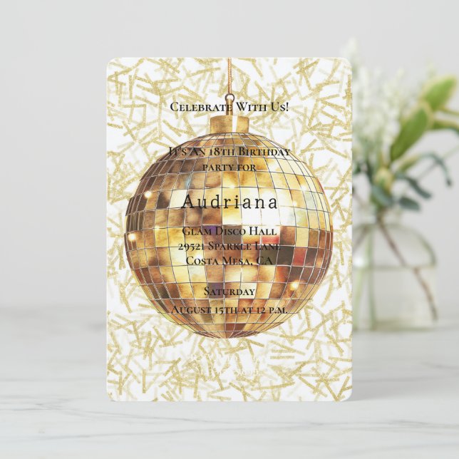 Invitación Cumpleaños Bola de Discoteca Glam Glitzy Oro Blanc (Anverso de pie)
