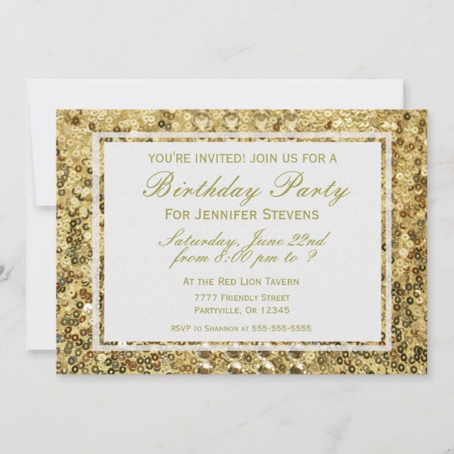 Invitación Cumpleaños | Bola de Purpurina de Confetti de oro (Anverso)