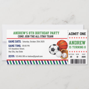Invitación Cumpleaños Boleto Personal All Star Deportes