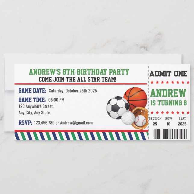 Invitación Cumpleaños Boleto Personal All Star Deportes (Anverso)