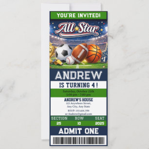Invitación Cumpleaños Boleto Personal All Star Sports