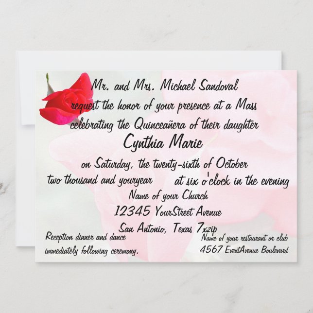 Invitación Cumpleaños bonito de Quinceanera del rosa rojo (Anverso)