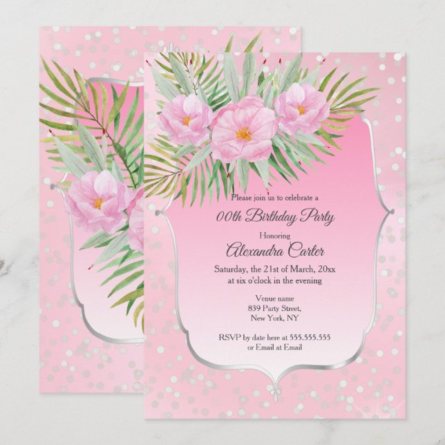 Invitación Cumpleaños Bonito Floral Plateado Rosa (Anverso / Reverso)