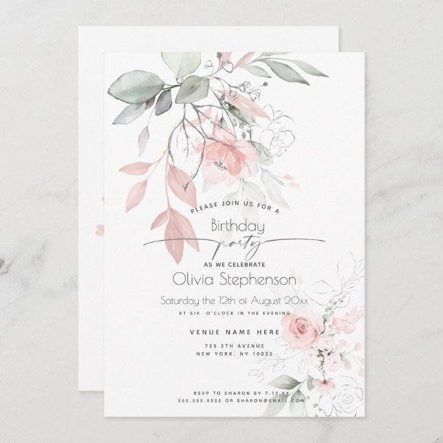 Invitación Cumpleaños | Bonitos Rosas de cabaña rosada (Anverso / Reverso)