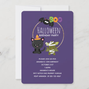 Invitación Cumpleaños Boo de gato de Halloween lindo, murciél