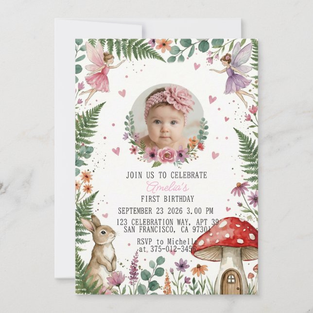 Invitación Cumpleaños Bosque Encantado de Hadas de Dulces Pas (Anverso)