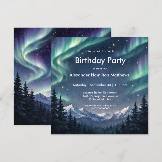 Invitación Cumpleaños Bosque Montaña Luces del Norte  (Anverso / Reverso)