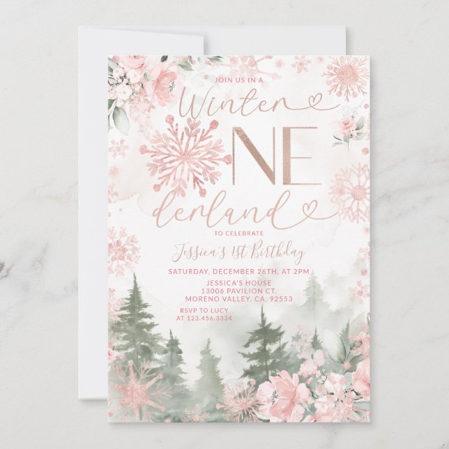 Invitación Cumpleaños Bosque Onederland Invierno Copo de Niev (Anverso)