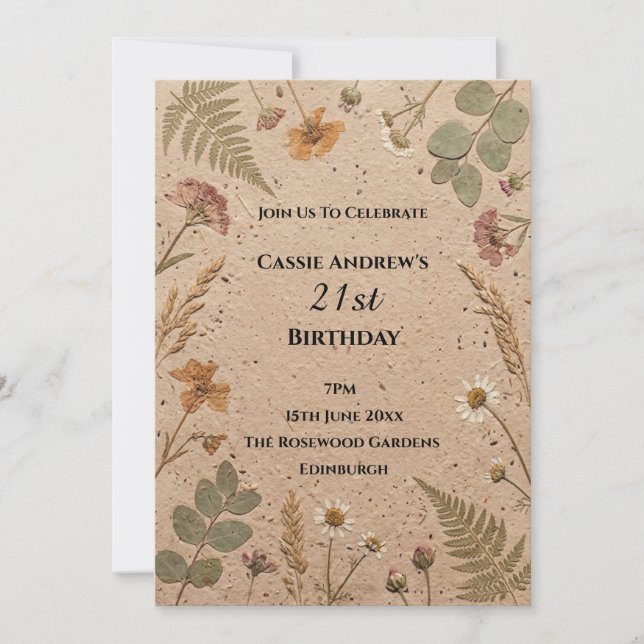 Invitación Cumpleaños Botánico Beige Hito (Anverso)